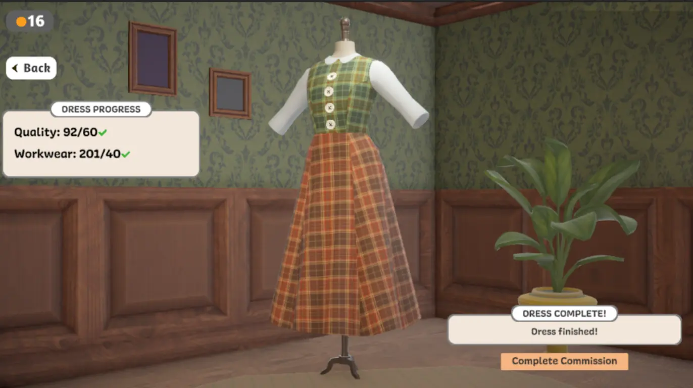 Finished plaid workwear dress on the mannequin with quality and workwear scores