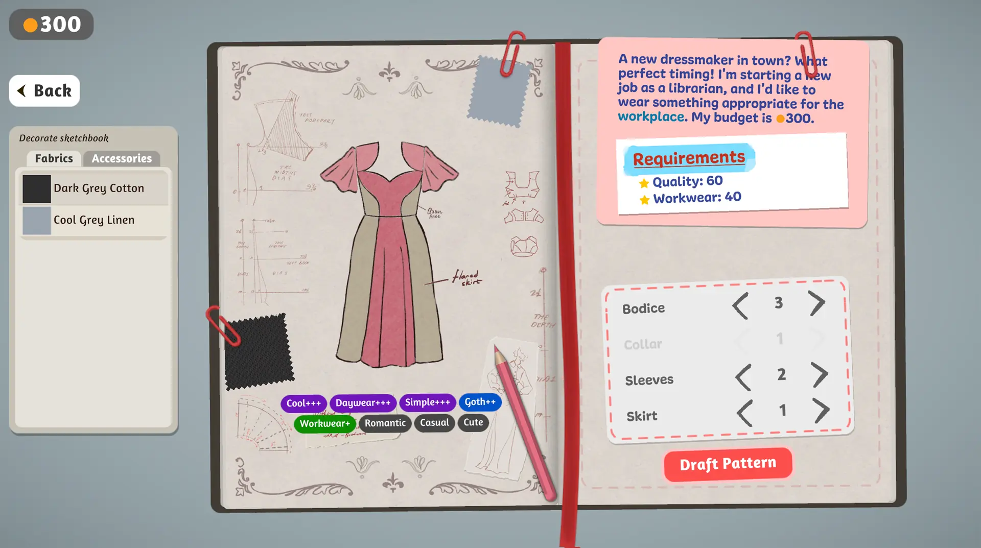 Sketchbook with dress design, customer brief, fabric swatches and pattern controls