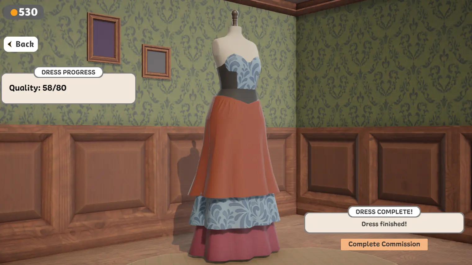 Partly finished dress with a quality progress panel reading 58 out of 80